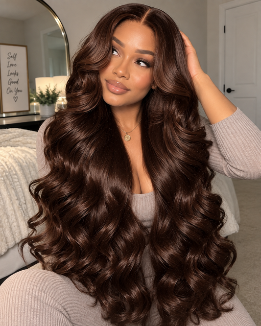 Chocolate Brown Lace Front Wig Human Hair – 36 Inch 200 Density HD 13x4 Body Wave Pre-Plucked Colored Wig for Women