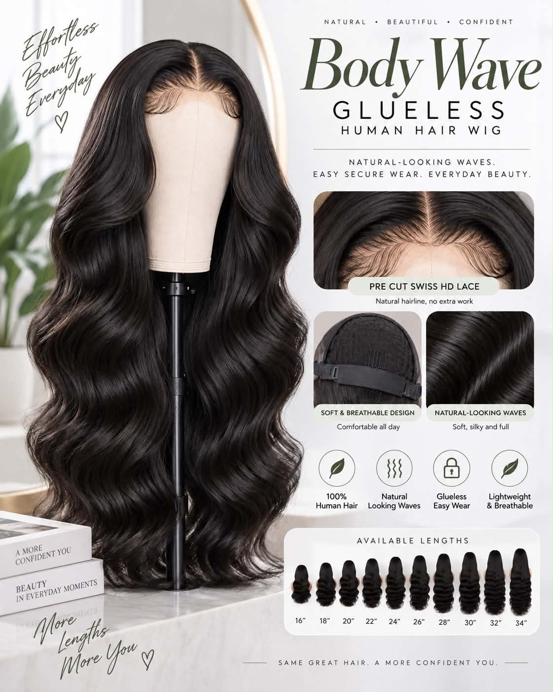 Body Wave Glueless Human Hair Wig – 100% Natural-Looking Waves with Soft Breathable Design, Easy Secure Wear and 16–34 Inch Lengths