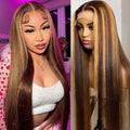 Honey Blonde Lace Front Wig – 18 Inch Straight Highlight Human Hair with 180 Density, Ombre Color, Pre-Plucked Hairline and Transparent Lace