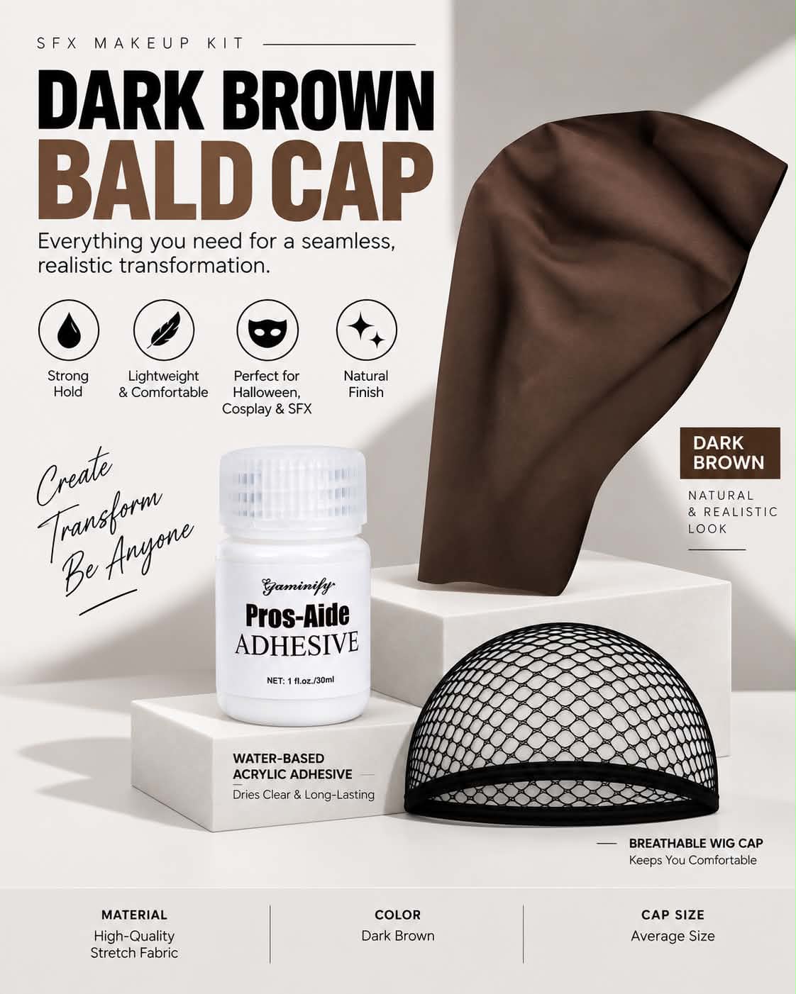 Dark Brown Bald Cap SFX Makeup Kit – Black Wig Cap with Water-Based Acrylic Adhesive for Deep Skin Tones, Halloween Costumes and Cosplay