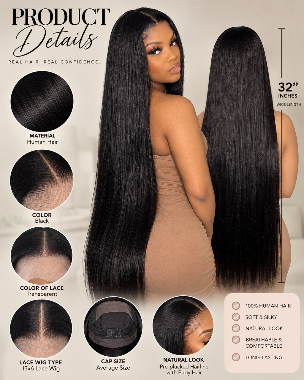 Straight Human Hair Wig – 32-Inch 13x6 Lace Front Wig with Natural-Looking Straight Hair for Women