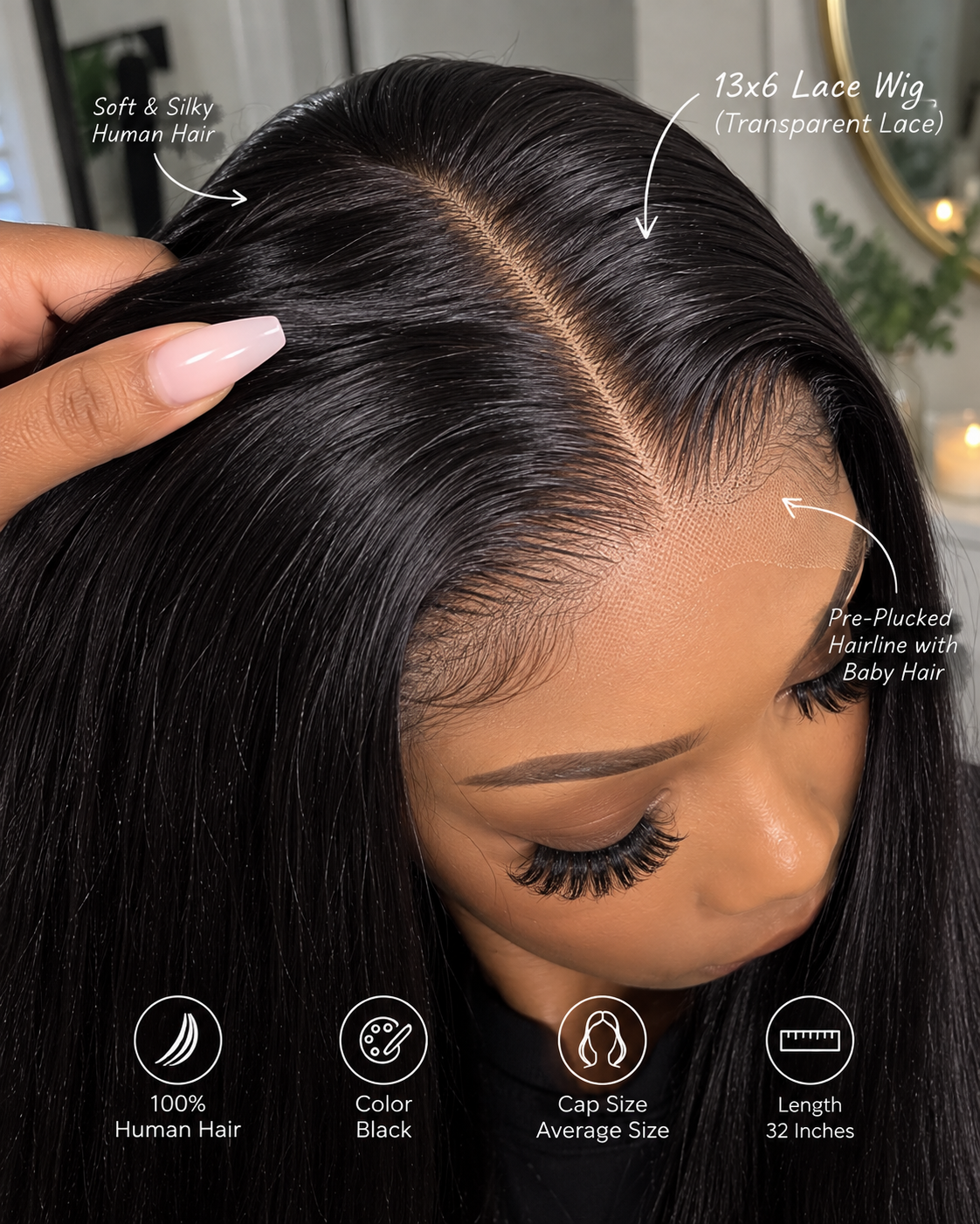 Straight Human Hair Wig – 32-Inch 13x6 Lace Front Wig with Natural-Looking Straight Hair for Women