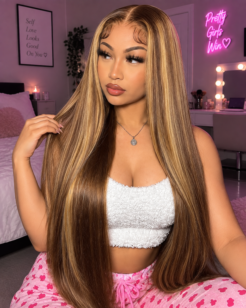 Honey Blonde Lace Front Wig – 18 Inch Straight Highlight Human Hair with 180 Density, Ombre Color, Pre-Plucked Hairline and Transparent Lace
