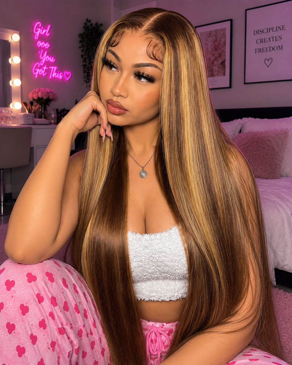 Honey Blonde Lace Front Wig – 18 Inch Straight Highlight Human Hair with 180 Density, Ombre Color, Pre-Plucked Hairline and Transparent Lace