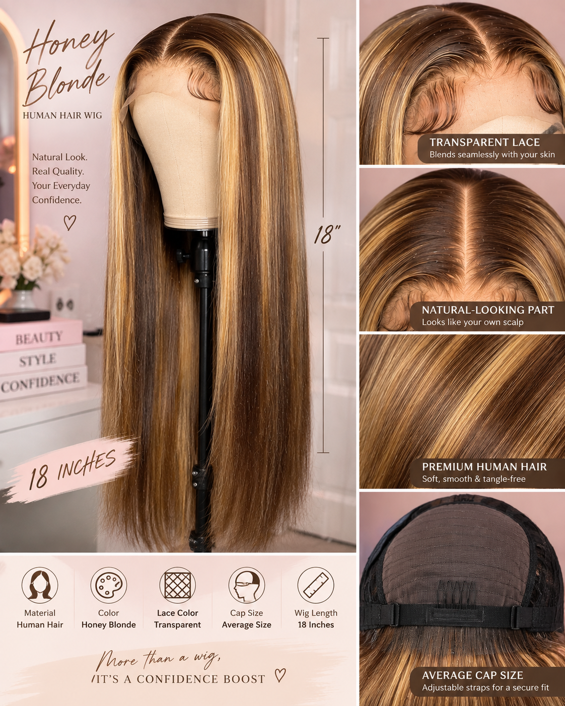 Honey Blonde Lace Front Wig – 18 Inch Straight Highlight Human Hair with 180 Density, Ombre Color, Pre-Plucked Hairline and Transparent Lace
