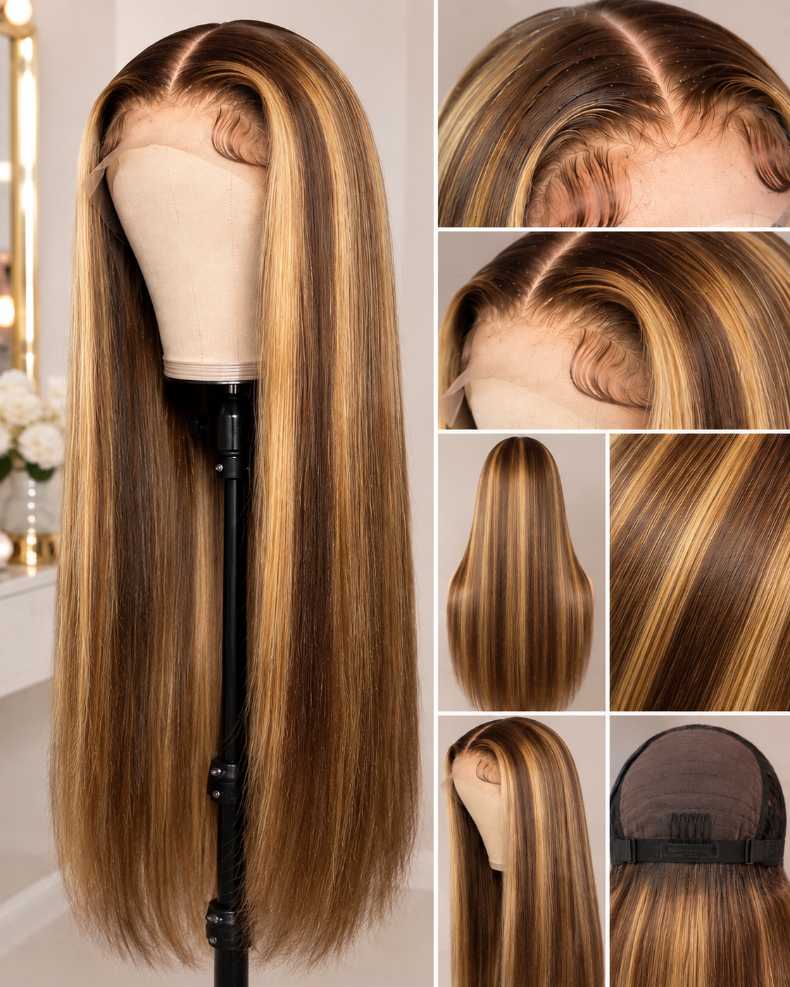 Honey Blonde Lace Front Wig – 18 Inch Straight Highlight Human Hair with 180 Density, Ombre Color, Pre-Plucked Hairline and Transparent Lace