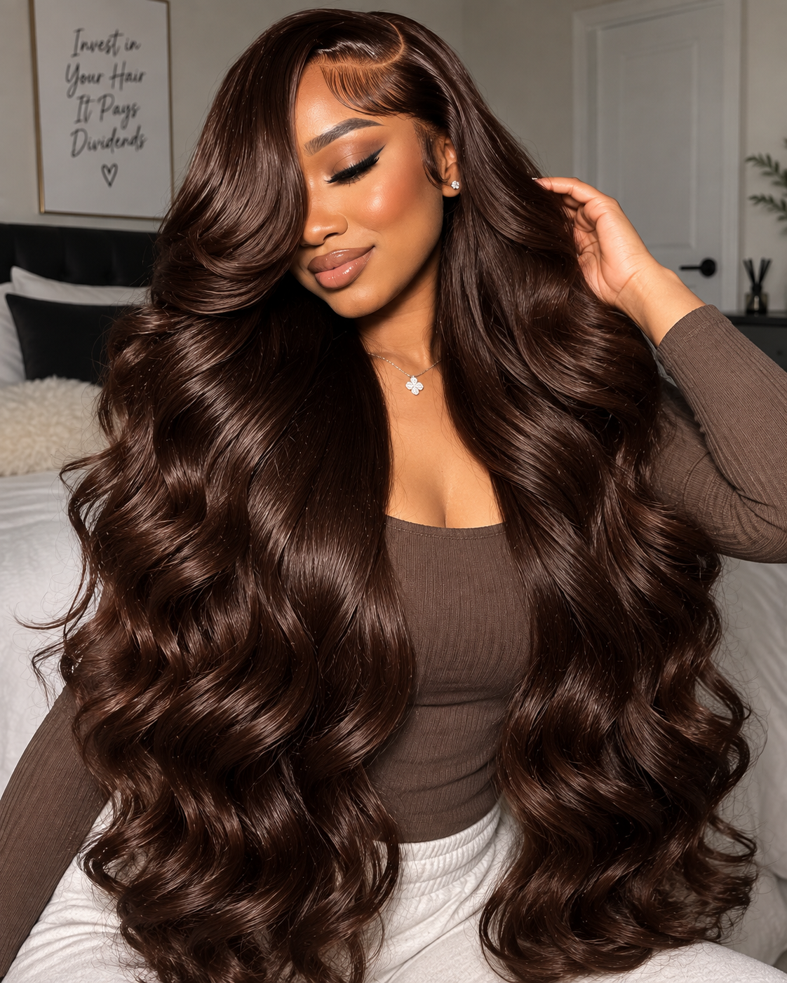 Chocolate Brown Lace Front Wig Human Hair – 36 Inch 200 Density HD 13x4 Body Wave Pre-Plucked Colored Wig for Women