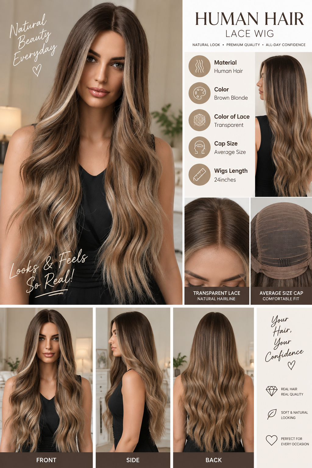 Brown Blonde Wig – 24 Inches Long Wavy Synthetic Hair with Ombre Highlights, Heat Resistant Design for Women with Included Wig Cap
