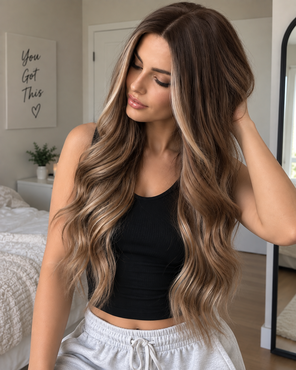 Brown Blonde Wig – 24 Inches Long Wavy Synthetic Hair with Ombre Highlights, Heat Resistant Design for Women with Included Wig Cap