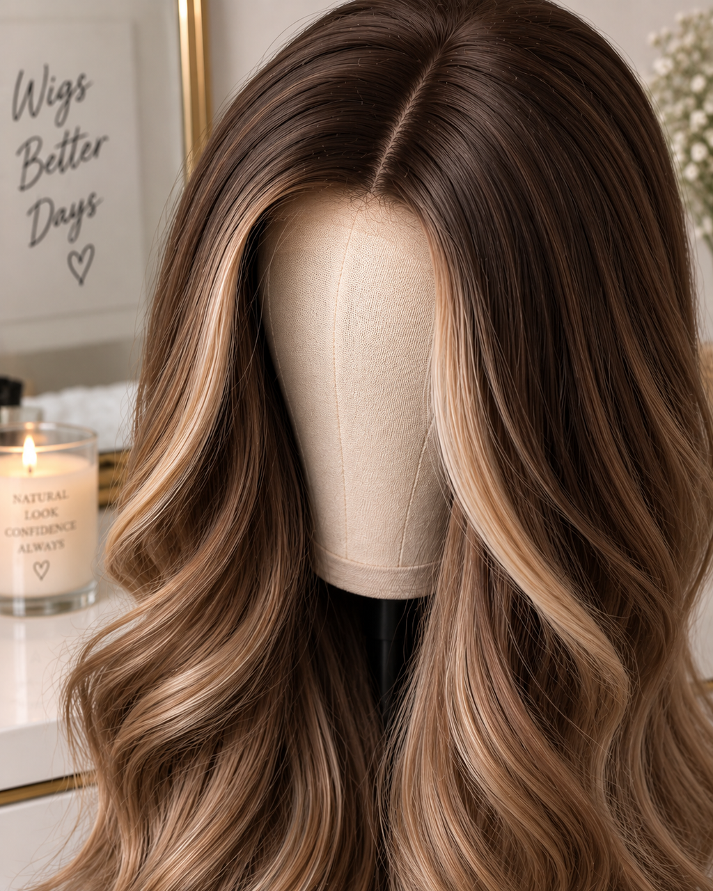 Brown Blonde Wig – 24 Inches Long Wavy Synthetic Hair with Ombre Highlights, Heat Resistant Design for Women with Included Wig Cap