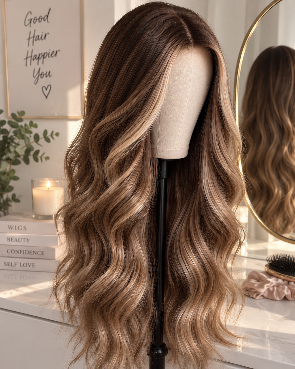 Brown Blonde Wig – 24 Inches Long Wavy Synthetic Hair with Ombre Highlights, Heat Resistant Design for Women with Included Wig Cap