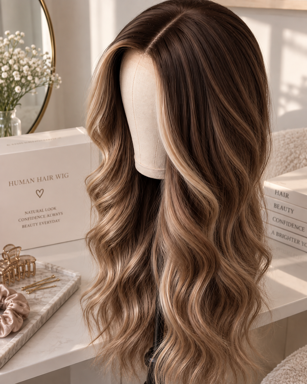 Brown Blonde Wig – 24 Inches Long Wavy Synthetic Hair with Ombre Highlights, Heat Resistant Design for Women with Included Wig Cap