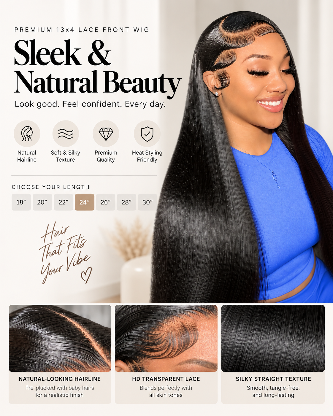 HD Lace Human Hair Wig – 18–30 Inch Premium Real Hair with Breathable Adjustable Cap, Tangle-Free Texture and Versatile Styling Options