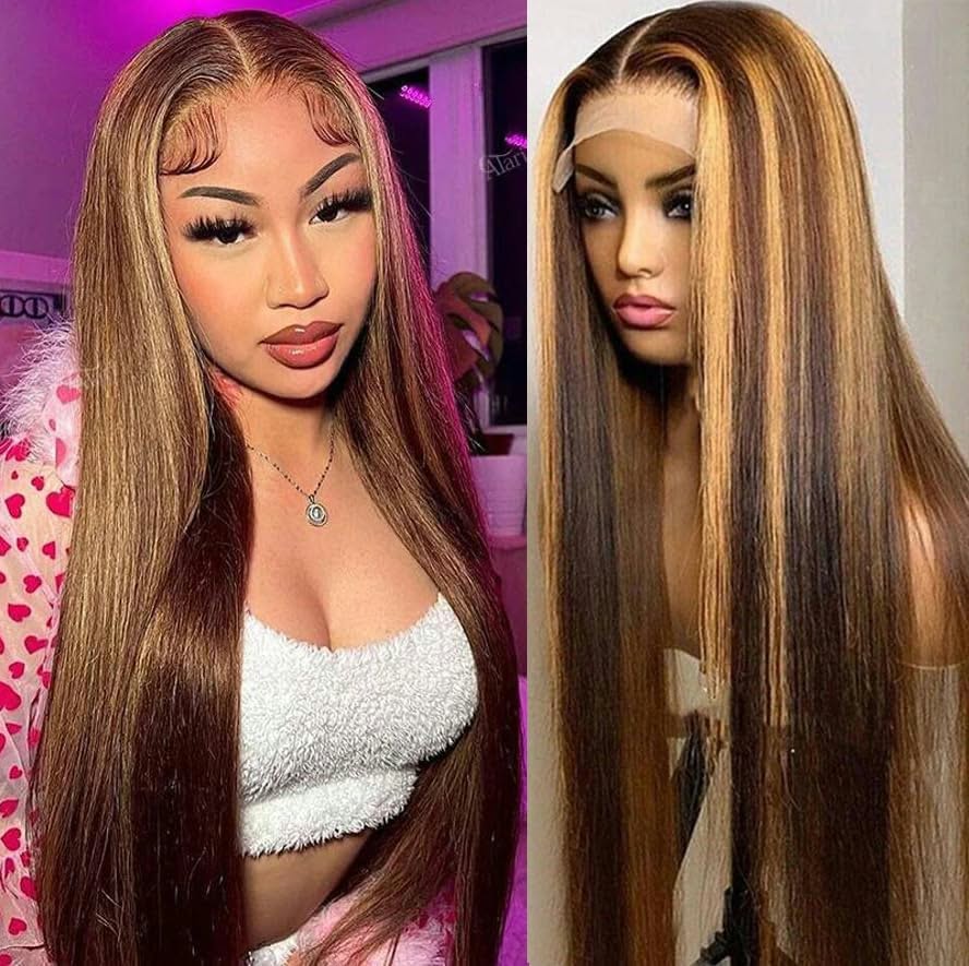 Honey Blonde Lace Front Wig – 18 Inch Straight Highlight Human Hair with 180 Density, Ombre Color, Pre-Plucked Hairline and Transparent Lace