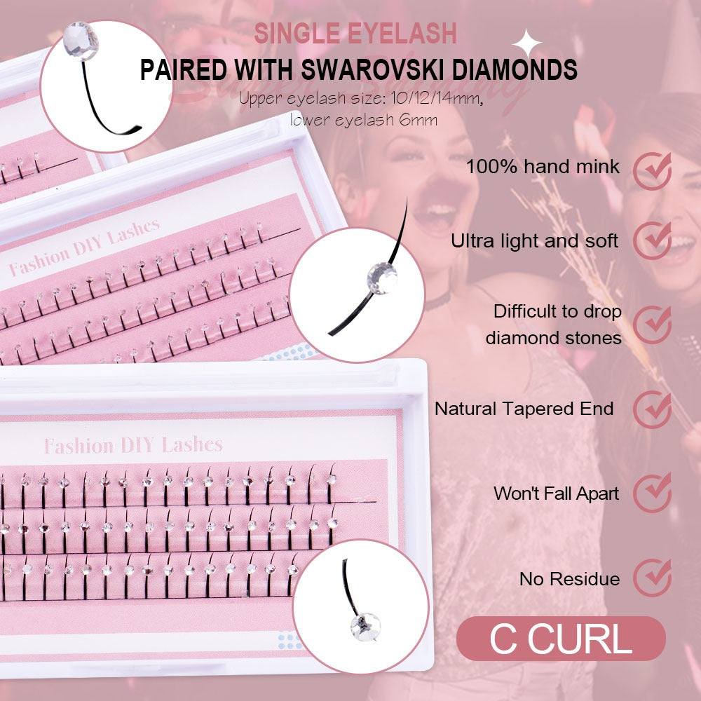 Rhinestone Single-Cluster False Eyelashes – Soft Synthetic Fiber Lash with Sparkling Rhinestone Accents for Glamorous Party, Performance and Special Event Makeup