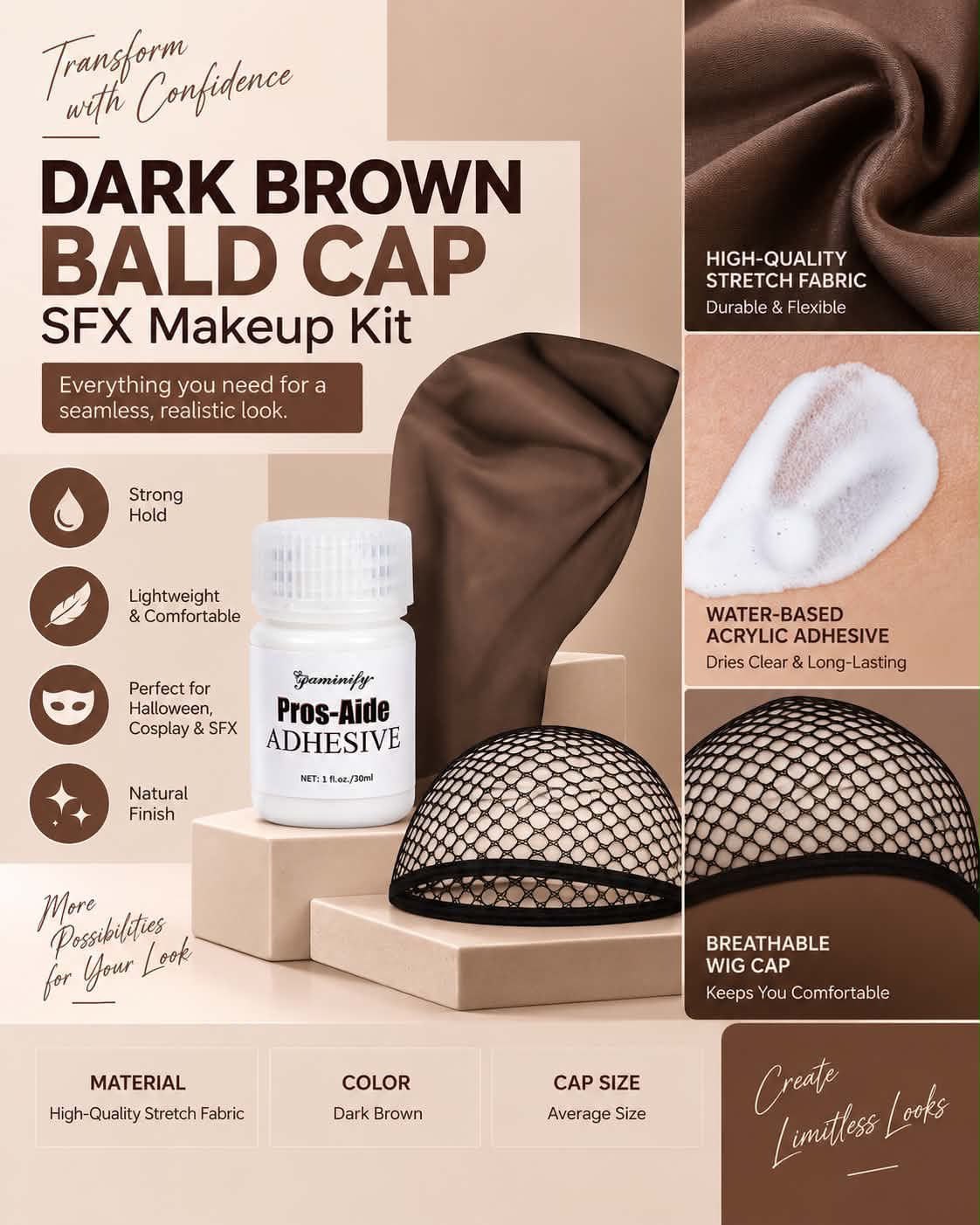 Dark Brown Bald Cap SFX Makeup Kit – Black Wig Cap with Water-Based Acrylic Adhesive for Deep Skin Tones, Halloween Costumes and Cosplay