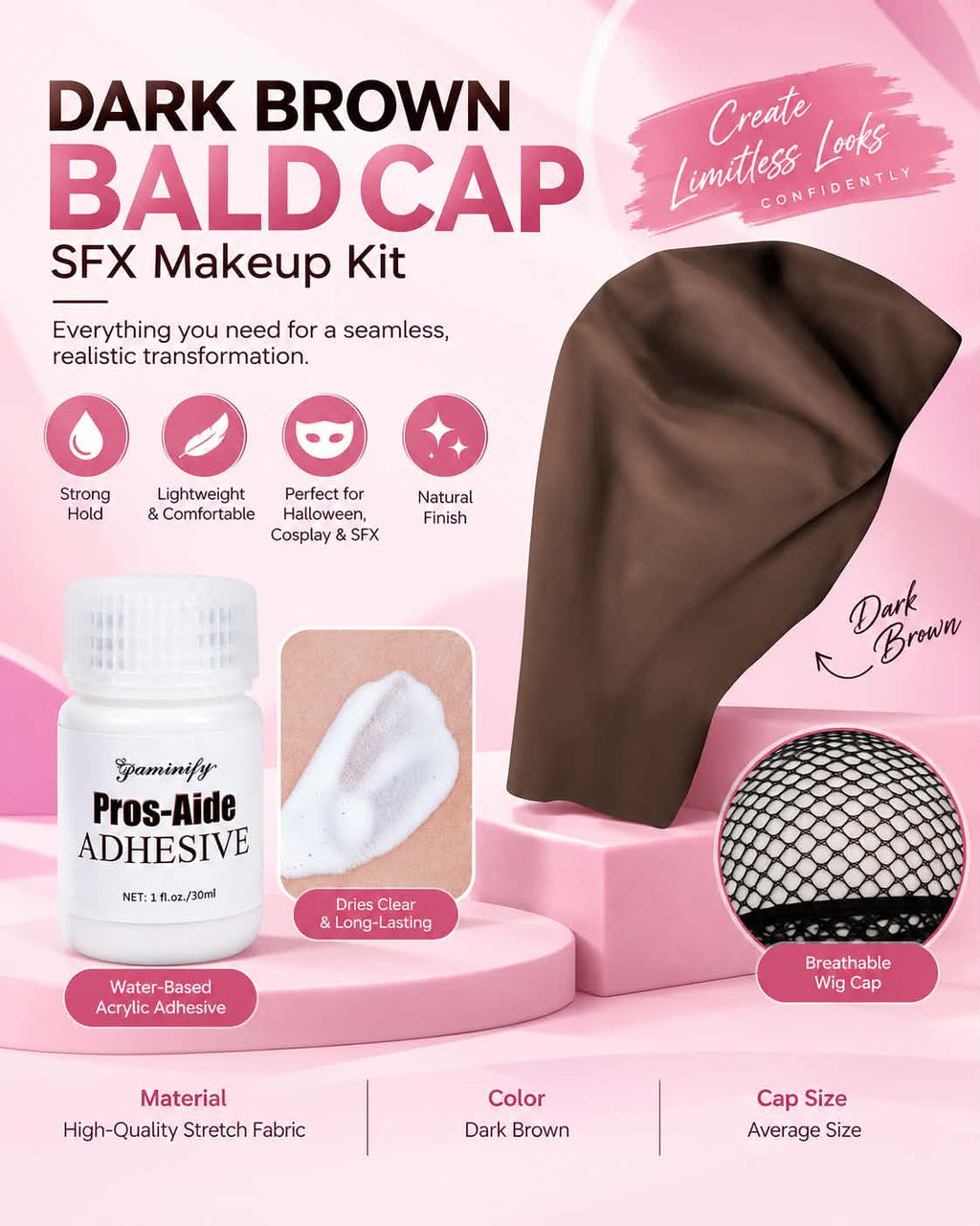 Dark Brown Bald Cap SFX Makeup Kit – Black Wig Cap with Water-Based Acrylic Adhesive for Deep Skin Tones, Halloween Costumes and Cosplay
