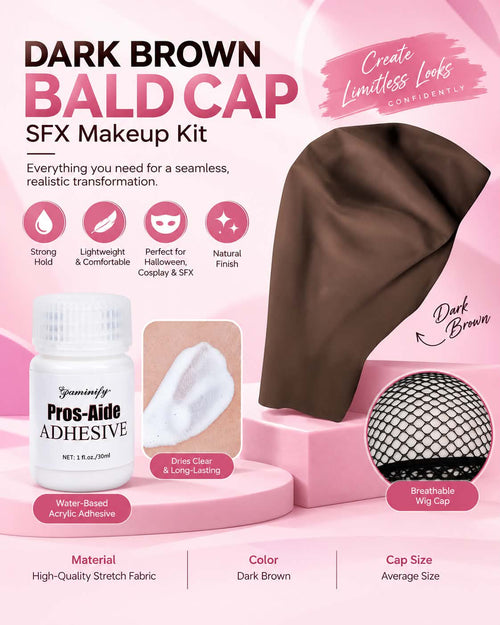 Dark Brown Bald Cap SFX Makeup Kit – Black Wig Cap with Water-Based Acrylic Adhesive for Deep Skin Tones, Halloween Costumes and Cosplay