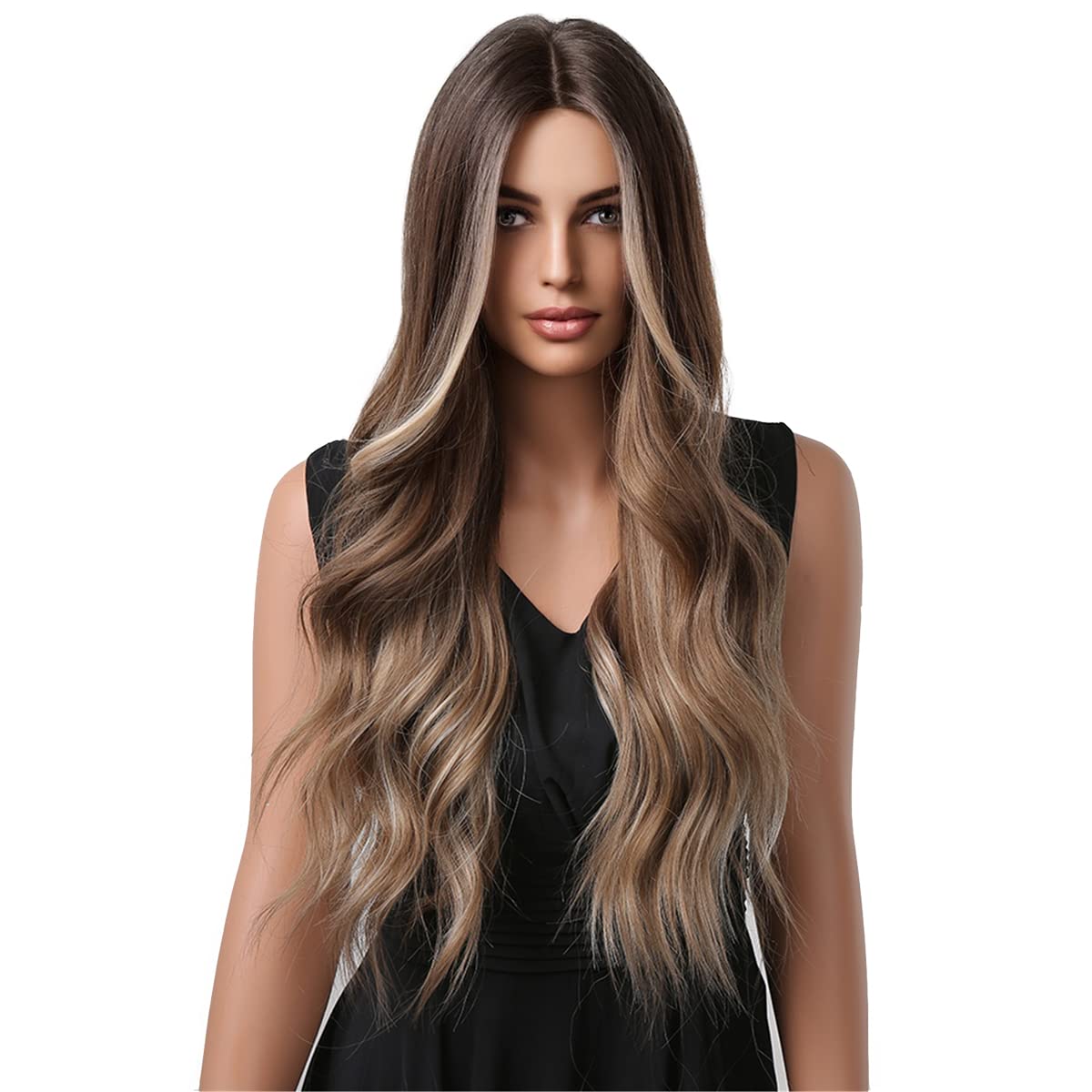 Brown Blonde Wig – 24 Inches Long Wavy Synthetic Hair with Ombre Highlights, Heat Resistant Design for Women with Included Wig Cap